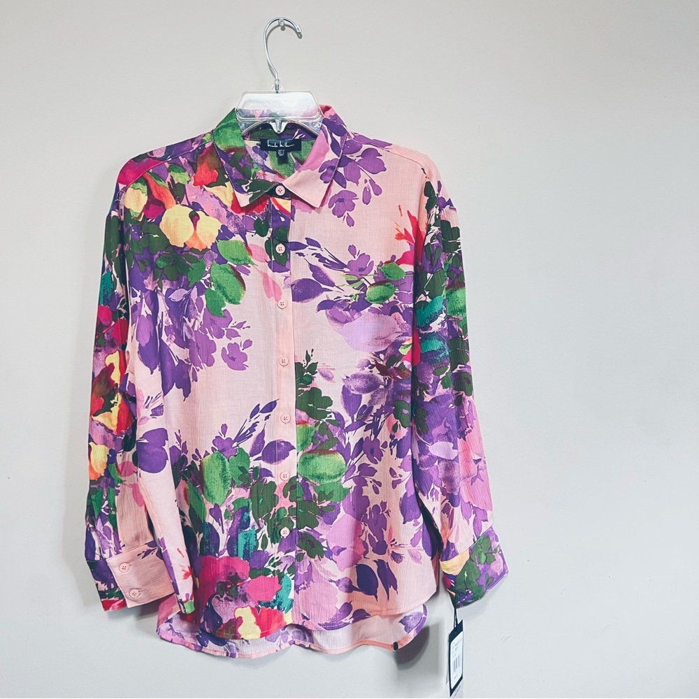 NWT Nicole Miller Floral Print Long Sleeve Button Front Oversized Shirt - Picture 4 of 11